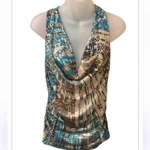 IZ Byer Stunning Razor Back Blouse scoop neckline beige turquoise shine Large